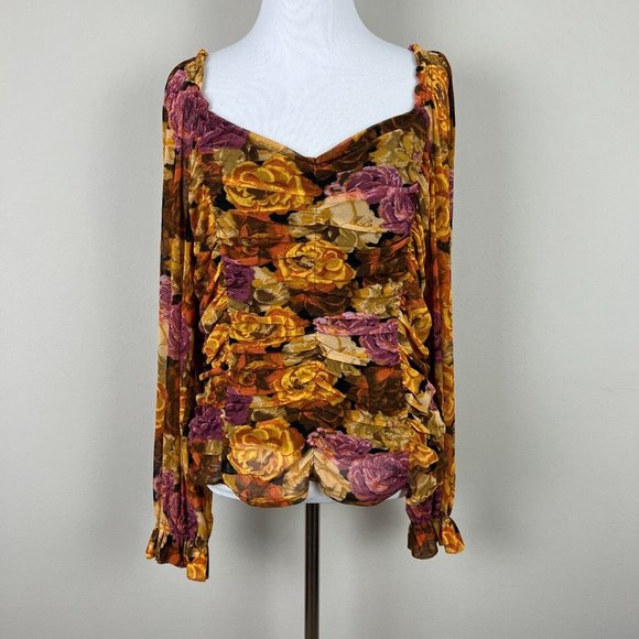 Jane + Delancey Blouse Top Women XL Multicolor Floral Ruched Off Shoulder Sheer - Picture 1 of 13